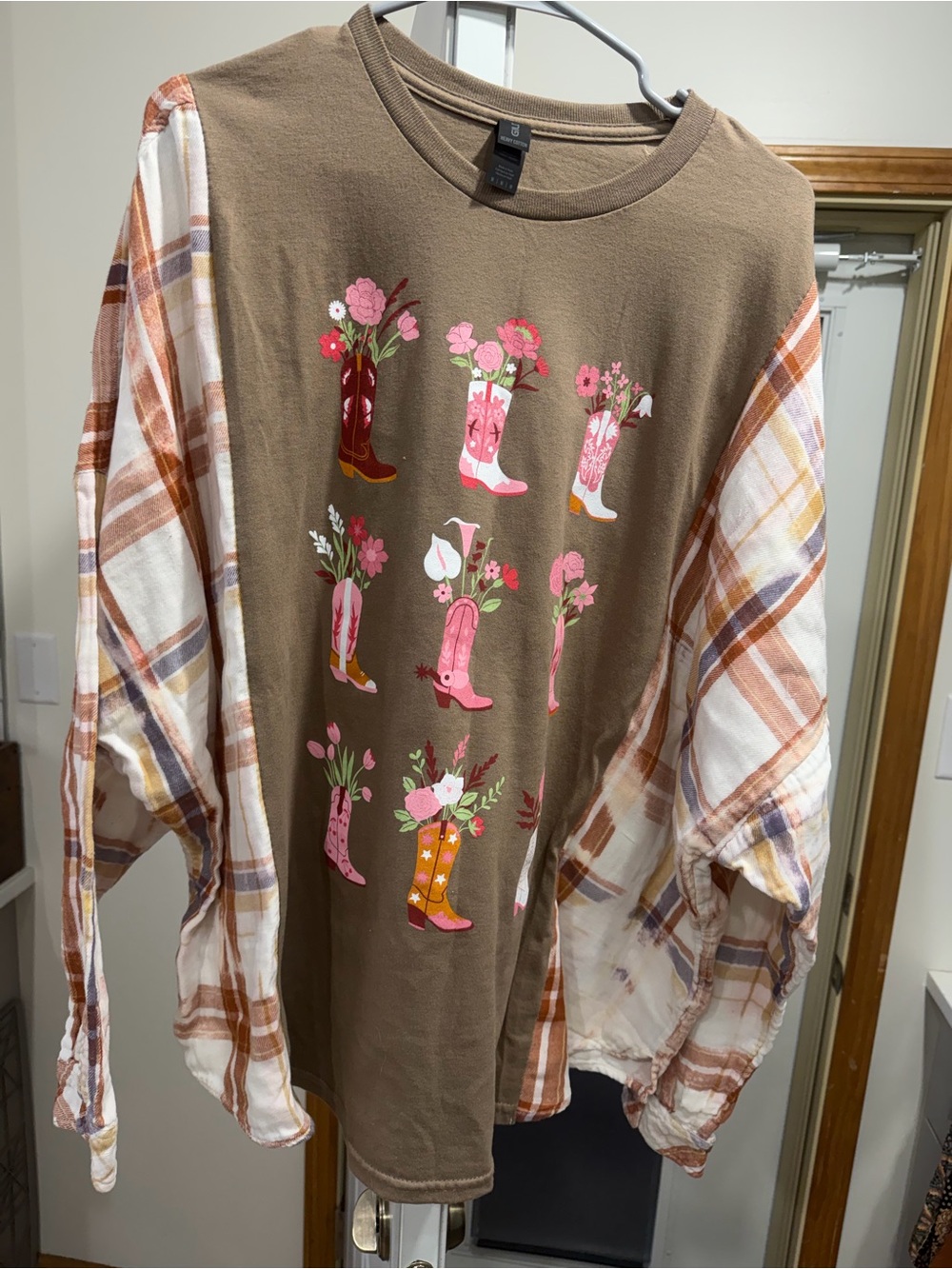 Upcycled Brown Graphic Cowboy Boot Floral Top with Plaid Sleeves